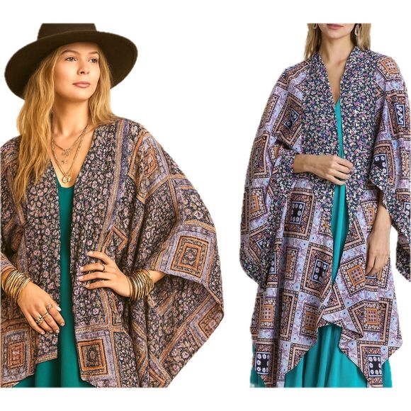 Umgee NWT Purple Boho Patchwork Floral Kimono Boutique Gypsy Kimono Duster S M L - Picture 1 of 9